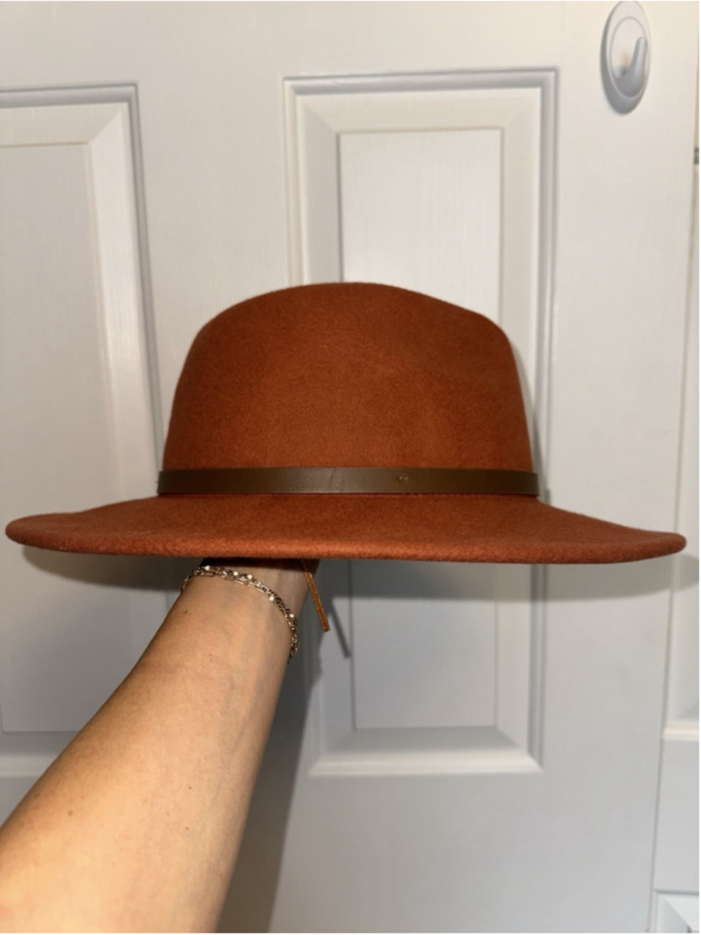 Free People 100% Wool Fedora Hat Rust Burnt Orange Boho Autumn Indie Rancher OS - Picture 4 of 7